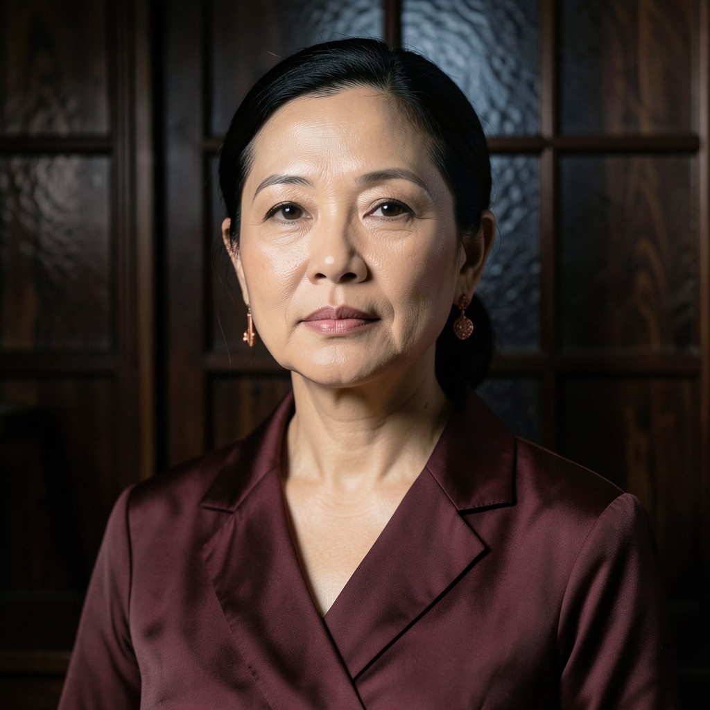Portrait of Kanchana Wongsawat, a woman in her forties in a burgundy blouse, seated in a dark wood-paneled room