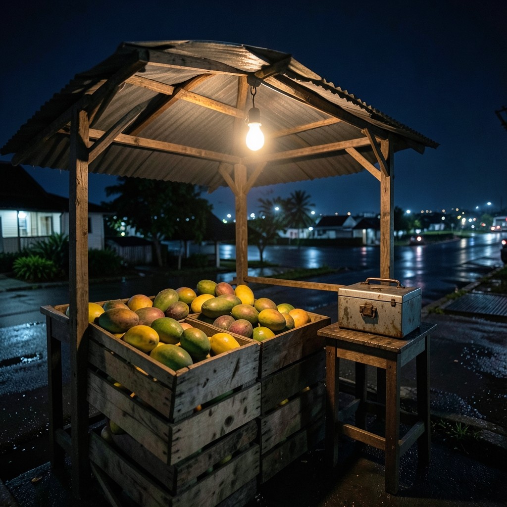 A closed night market stall with fruit crates and a shut cash box under a warm bulb