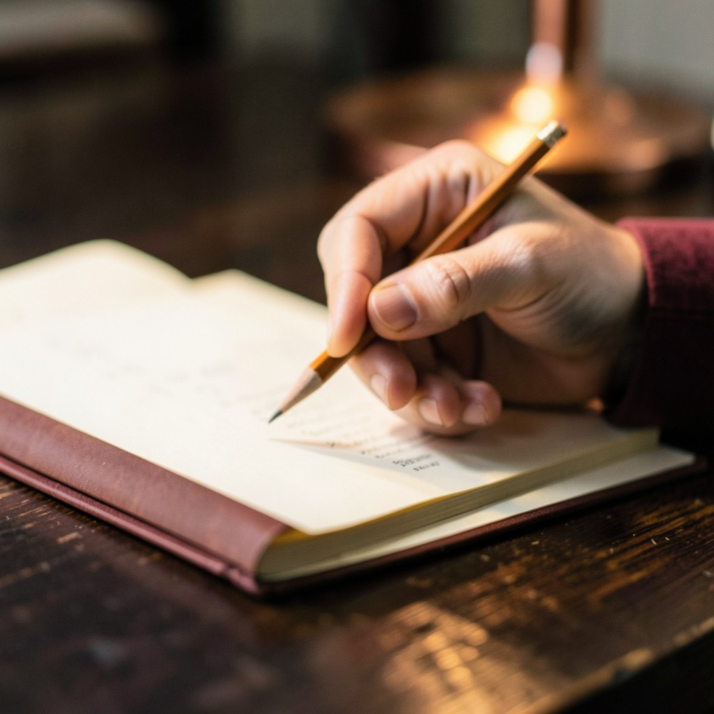 An adult hand holding a pencil over an open ledger, the page too soft to read, under a copper lamp
