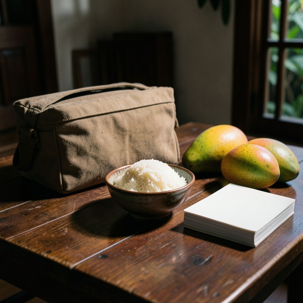 A closed travel bag, plain notebooks, a bowl of rice, and mangoes on a dark wood table