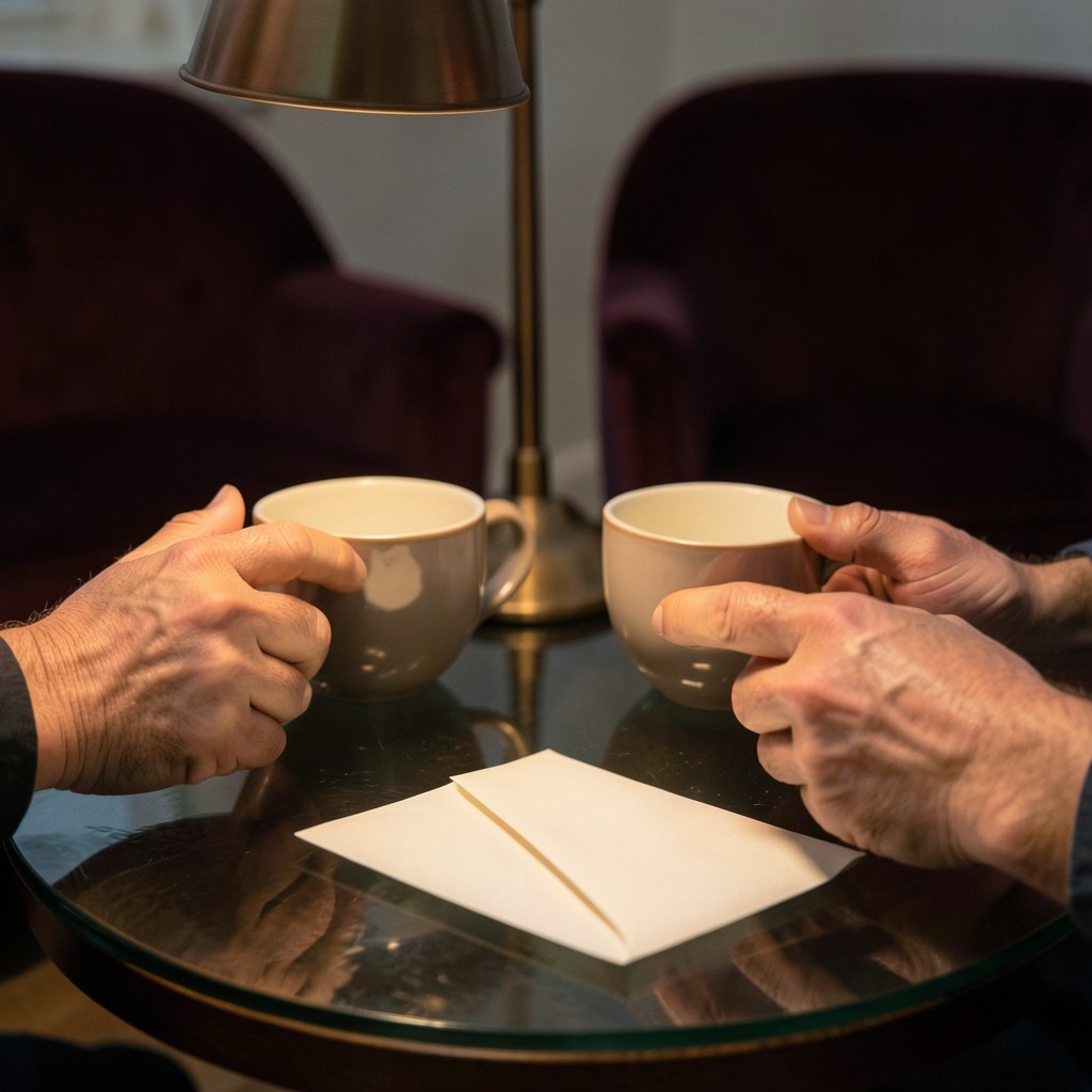 Two ceramic teacups and two pairs of adult hands beside a face-down envelope on smoked glass