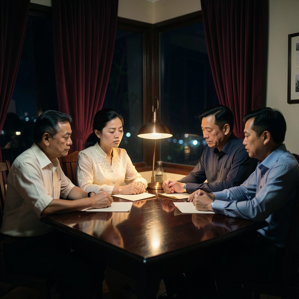 A planner and two adults at a dark wood table at night, reviewing blank papers under a copper lamp and velvet curtains