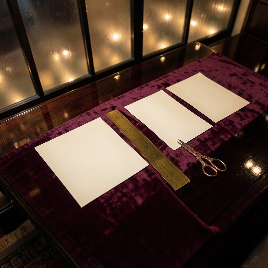 Overhead view of four blank sheets, a brass ruler, and a burgundy velvet runner on dark lacquered wood