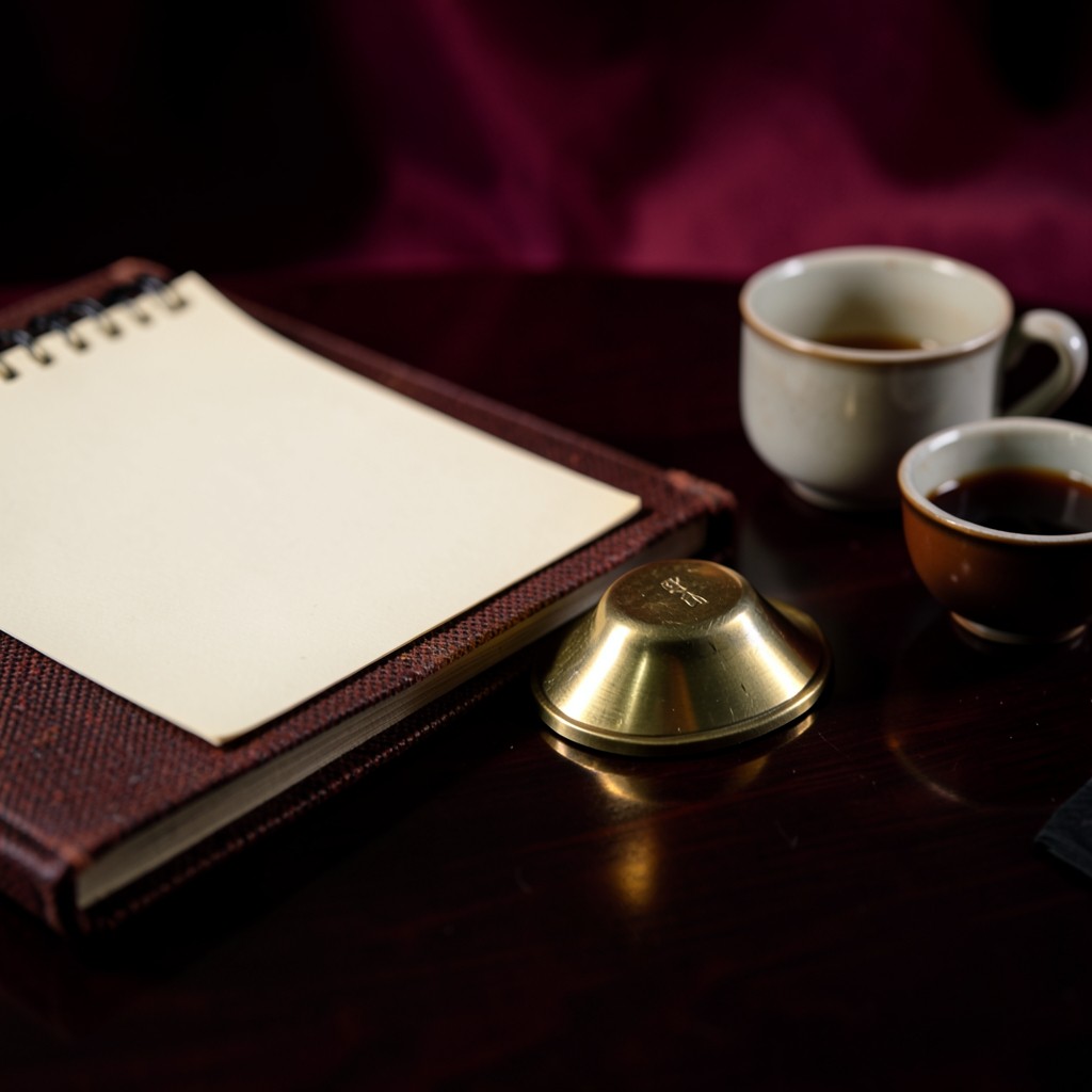 A closed cloth ledger, a blank calendar, and a brass paperweight on dark wood in warm copper light