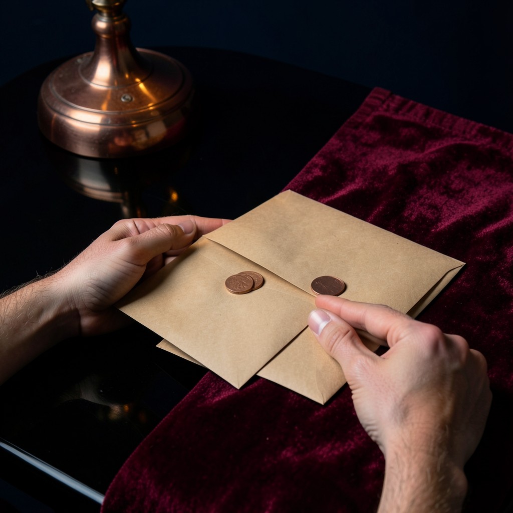Adult hands sorting plain envelopes and coins into weekly piles on a dark lacquered table under a copper lamp