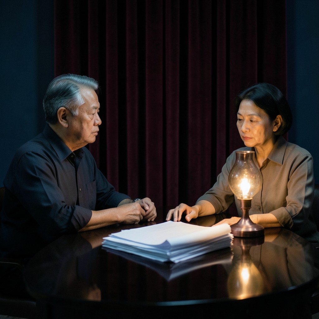 Two adults seated at a lacquered table beside a stack of face-down papers under velvet curtains