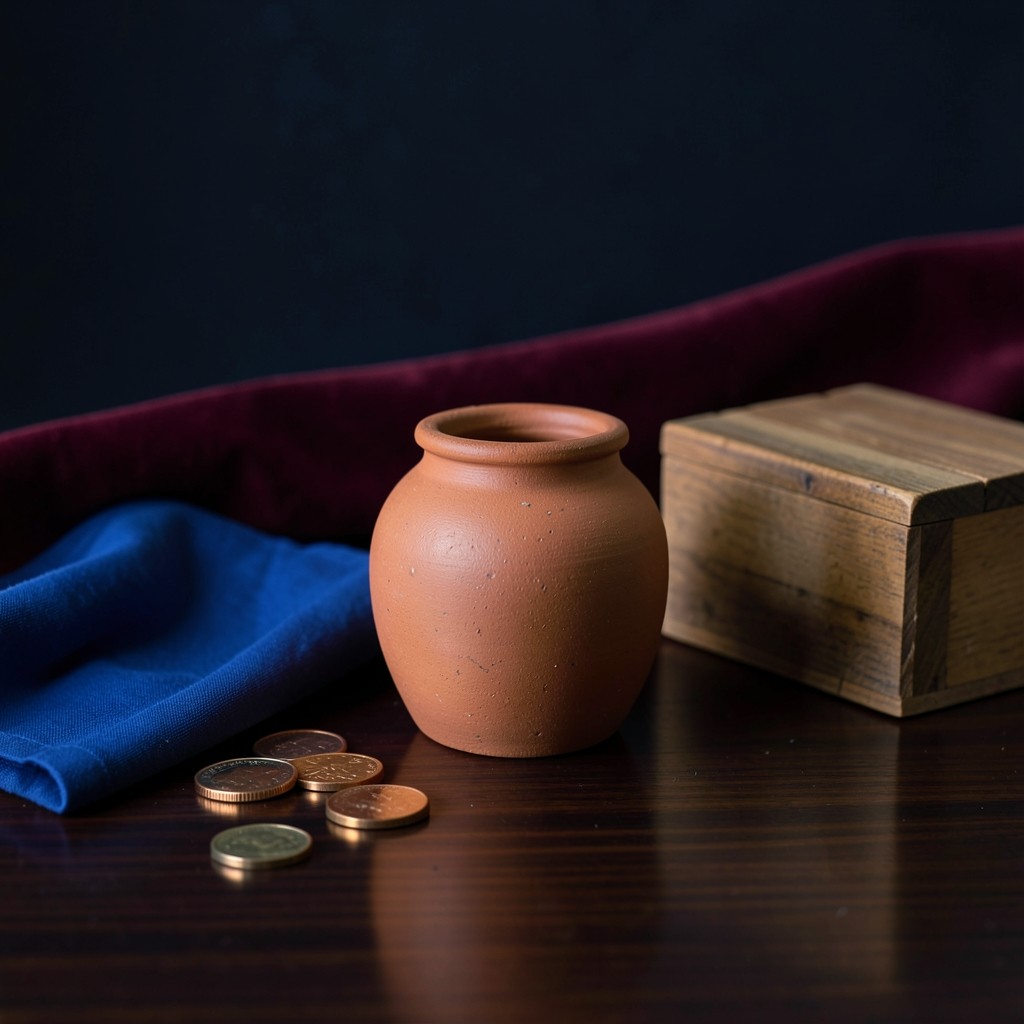 A small clay jar, folded cloth, and a few coins on dark lacquered wood with a copper rim light